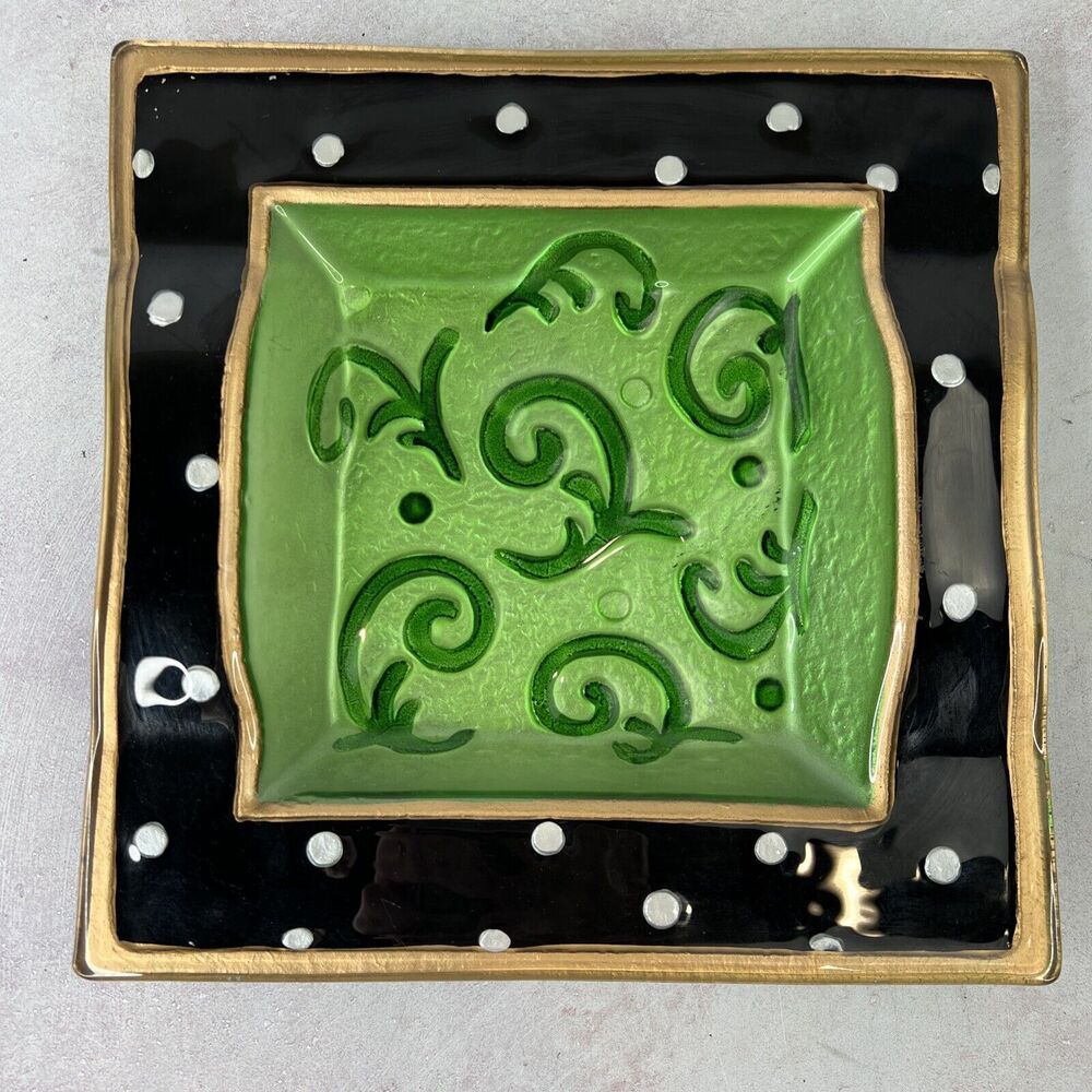Vintage Art Glass Painted Black & Green Polka Dot Decorative Bowl